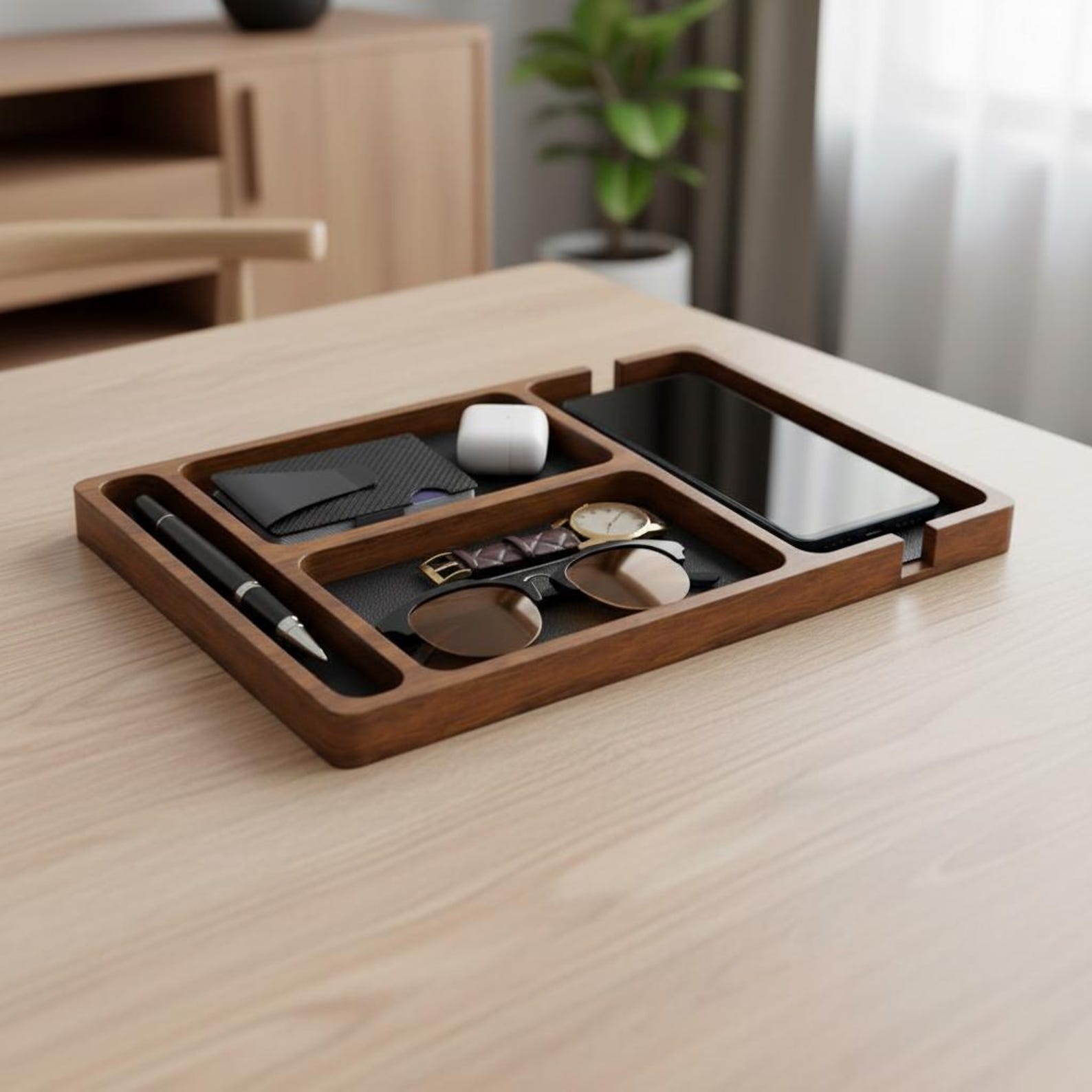 Wooden Valet Tray Desk Organizer Walnut Phone Dock Wallet Watch Holder ...