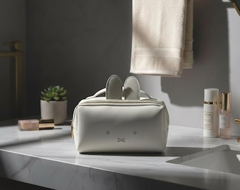 Bunny Makeup Bag Vegan Leather | Structured Cosmetic Organizer Travel Pouch | Cream Minimalist Vanity Case