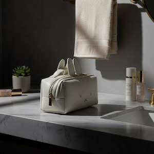 May include: A white rectangular cosmetic bag with bunny ear handles and a gold zip. The bag features a bunny face design with embroidered eyes and a cross-shaped mouth. It sits on a marble countertop.