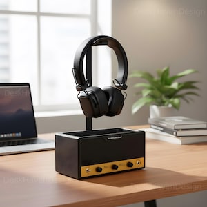 Minimalist Headphone Stand with Storage Box, Desk Organizer Headset Holder, Modern Desk Storage Dock, Office Setup Accessory