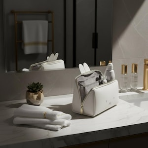 Bunny Makeup Bag Vegan Leather | Structured Cosmetic Organizer Travel Pouch | Cream Minimalist Vanity Case image 5
