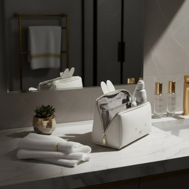 Bunny Makeup Bag Vegan Leather | Structured Cosmetic Organizer Travel Pouch | Cream Minimalist Vanity Case image 5