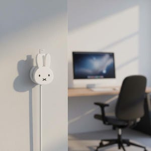 以下が含まれることがあります： 白い壁に取り付けられた、ウサギの形をした白いケーブルオーガナイザー。 オーガナイザーには、口を表す黒い十字と2つの直立した耳があります。 白いケーブルがオーガナイザーに接続されています。 背景には、机、コンピューター、椅子が含まれています。