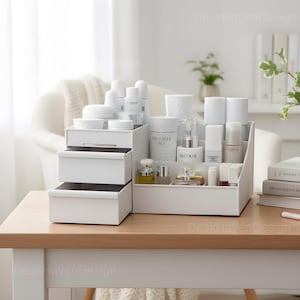 Desk Storage Organizer White Makeup Organizer with Drawers Vanity Cosmetic Storage Office Desk Organizer Minimalist