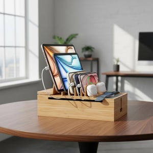 May include: A bamboo charging station holds multiple electronic devices, including tablets, smartphones, and wireless earbuds. The devices are arranged in a tiered fashion, with charging cables neatly organized. The station sits on a wooden table.