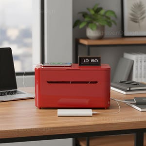 Puede incluir: Una caja roja para la gestión de cables con un reloj digital y un smartphone en la parte superior. Un portátil y otros accesorios están sobre el escritorio de madera. La caja tiene dos ranuras en la parte delantera y está conectada a un banco de energía blanco.