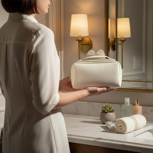May include: A cream-coloured cosmetic bag with a rectangular shape and a top zip. The bag has two small, rounded ear-like details on the top. The bag is held in front of a bathroom mirror and sink.
