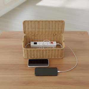 Puede incluir: Una caja de mimbre tejida con tapa con bisagras, que contiene una regleta blanca. Dos teléfonos inteligentes se están cargando sobre una superficie de madera. Un teléfono es negro, el otro es plateado.