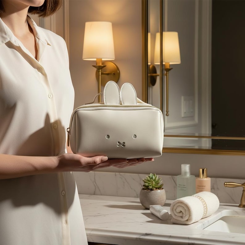 Bunny Makeup Bag Vegan Leather | Structured Cosmetic Organizer Travel Pouch | Cream Minimalist Vanity Case image 8