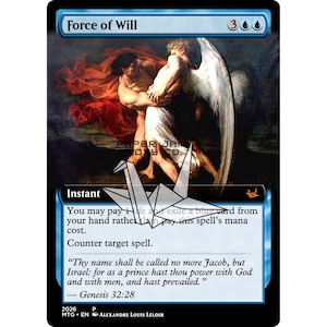 以下が含まれることがあります： 青い枠の「Force of Will」というタイトルのマジック：ザ・ギャザリングカード。カードには、2人の人物が格闘しているイラストが描かれています。テキストは呪文の機能と創世記32:28からの引用を説明しています。