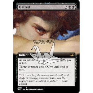 May include: A Magic: The Gathering card titled "Hatred" featuring a painting of a man's face with a sorrowful expression. The card includes text and a paper crane illustration. The card is from 2026.