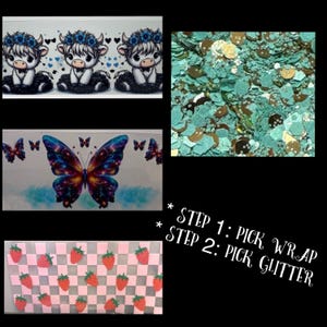 May include: The image showcases various nail art supplies. It includes three cartoon Highland cows with floral crowns, a large butterfly design, a pink and white checkered pattern with strawberries, and teal glitter. Text reads "STEP 1: PICK WRAP, STEP 2: PICK GLITTER."