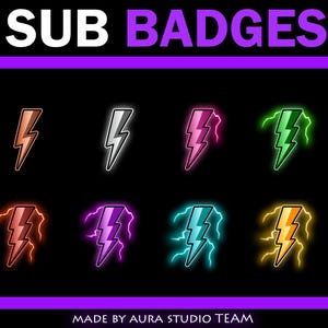 Puede incluir: Una colección de ocho gráficos de rayos coloridos sobre un fondo negro. El texto "SUB BADGES" está en la parte superior y "MADE BY AURA STUDIO TEAM" en la parte inferior. Los rayos son de varios colores, incluyendo cobre, plata, rosa, verde, naranja, morado, turquesa y amarillo.