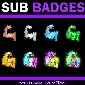 Könnte beinhalten: Ein Satz von acht stilisierten Abzeichen mit flexenden Armen in verschiedenen Farben, darunter Kupfer, Silber, Blau und Grün, mit Leuchteffekten. Der Text "SUB BADGES" steht oben und "MADE BY AURA STUDIO TEAM" unten.