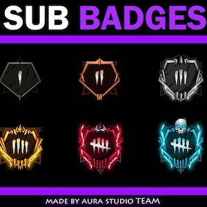 Könnte beinhalten: Grafik mit sechs stilisierten Sub-Badges auf schwarzem Hintergrund. Die Badges sind in verschiedenen Farben, darunter Grau, Orange, Rot und Blau, mit einem Schädel- und Krallendesign. Der Text "SUB BADGES" steht oben.