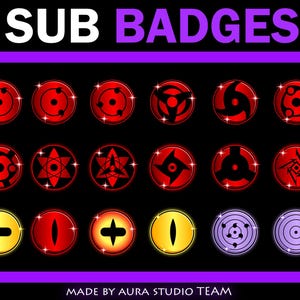 Puede incluir: Un conjunto de insignias circulares rojas y negras con varios diseños, incluyendo estrellas y patrones arremolinados. El texto "SUB BADGES" está en la parte superior, con "MADE BY AURA STUDIO TEAM" en la parte inferior, todo sobre un fondo negro.