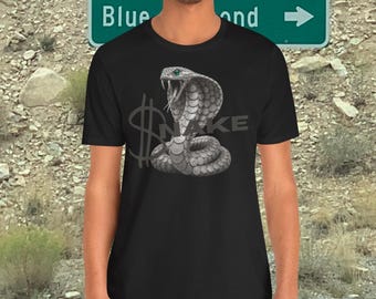 Silver Coin Cobra Snake T-Shirt | Money Snake Graphic Tee | Streetwear Shirt | Emerald Eye Snake | Unisex Black Graphic Tee