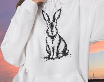 Minimalist Bunny Hoodie | Rabbit Ink Splash Design | Unisex Pullover Hoodie | Cottagecore Animal Lover Gift | Nature Inspired Sweatshirt