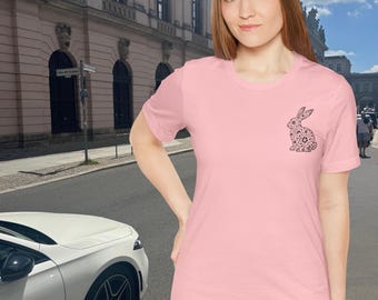 Floral Pattern Bunny T-Shirt | Chest Pocket Rabbit Tee | Cute Floral Bunny T-Shirt | Whimsical Rabbit Graphic Tee | Cottagecore Animal Shirt