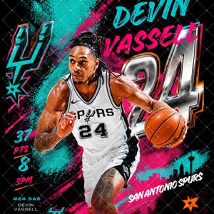 Pode incluir: Um cartaz gráfico com o jogador de basquete Devin Vassell em uma camisa branca do San Antonio Spurs com o número 24, driblando uma bola de basquete laranja. O fundo exibe detalhes em neon azul-petróleo e rosa, o número 24 e texto incluindo 37 PTS, 8 3PM e San Antonio Spurs.