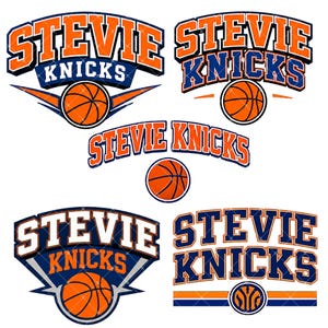 May include: A collection of five graphic designs featuring the text STEVIE KNICKS in orange and blue varsity-style lettering. The designs incorporate basketball imagery, including orange basketballs with black lines and stylized team-inspired logos.