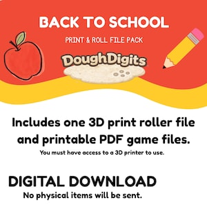 Puede incluir: Un gráfico de descarga digital titulado BACK TO SCHOOL PRINT & ROLL FILE PACK DoughDigits que presenta una ilustración de una manzana roja, un lápiz amarillo y texto que indica que incluye un archivo de rodillo 3D y archivos de juego PDF imprimibles.