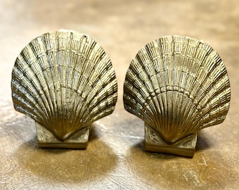 Vintage Brass Shell Bookends Pair Coastal Decor