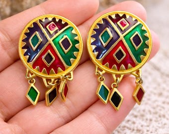 Pendientes vintage Leslie Block dorados con clip y esmalte - década de 1980