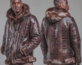 Blouson de luxe en cuir de vachette gaufré crocodile avec capuche en fourrure