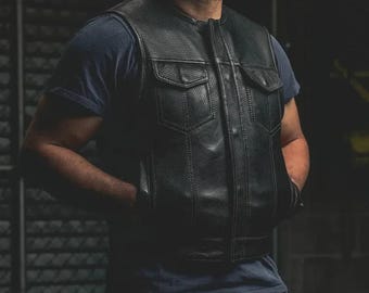 Gilet de moto en cuir perforé Lowside pour hommes, gilet de moto en cuir pour hommes, gilet en cuir perforé, gilet de moto d'été, tenue de motard