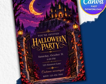 Puede incluir: Una tarjeta de invitación para una fiesta de Halloween con un castillo oscuro en una colina bajo una luna creciente. El texto dice: You're invited Halloween Party, Saturday, October 31, 6:00 PM, 123 Haunted Lane, Costumes encouraged, RSVP: 123-456-7890.