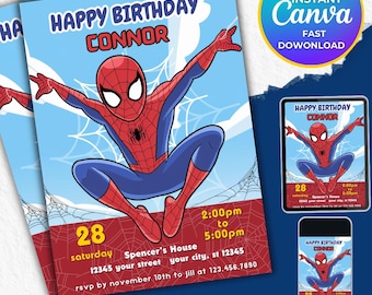 Spiderman Birthday Invitation: Editable Watercolor Canva Template (Digital Download)
