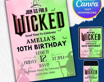 Wicked Birthday Invitation, Wicked Party Invite, Pink Green Witch Party,, Canva Editable Invitation (Digital Download)