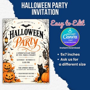 Halloween Party Invitation, Halloween Invitation Template Printable Invite Lets Get Spooky Ghost Party, Canva Template (Digital Download), ornate invitation, gothic invitation, gothic party invite, witch invitation, black white invite, halloween invite, spooky party invite, victorian gothic, adult halloween, editable invite, halloween party, printable invite, vintage halloween