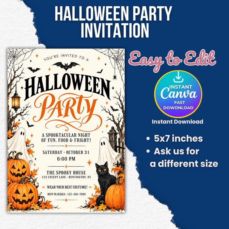 Halloween Party Invitation, Halloween Invitation Template Printable Invite Lets Get Spooky Ghost Party, Canva Template (Digital Download), ornate invitation, gothic invitation, gothic party invite, witch invitation, black white invite, halloween invite, spooky party invite, victorian gothic, adult halloween, editable invite, halloween party, printable invite, vintage halloween
