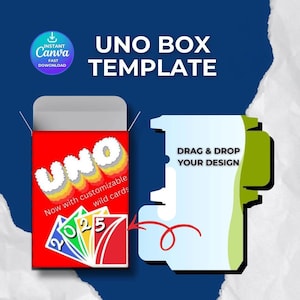 Puede incluir: Una plantilla digital para una caja de juego de cartas con el texto UNO BOX TEMPLATE e INSTANT CANVA FAST DOWNLOAD. El diseño incluye una caja roja con la palabra UNO, un abanico de cartas coloridas y un diseño plano con el texto DRAG & DROP YOUR DESIGN.