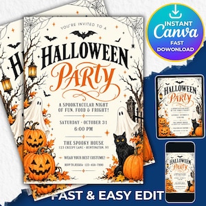 Könnte beinhalten: Eine Halloween-Party-Einladungsvorlage mit cremefarbenem Hintergrund, schwarzem Text, orangefarbenen Akzenten und Illustrationen von Kürbissen, Geistern, einer schwarzen Katze, Spinnweben und Laternen. Der Text lautet Halloween Party, A Spooktacular Night.