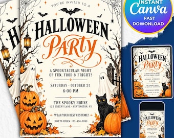 Puede incluir: Una plantilla de invitación para fiesta de Halloween con fondo crema, texto negro, detalles en naranja e ilustraciones de calabazas, fantasmas, un gato negro, telarañas y faroles. El texto dice Halloween Party, A Spooktacular Night.