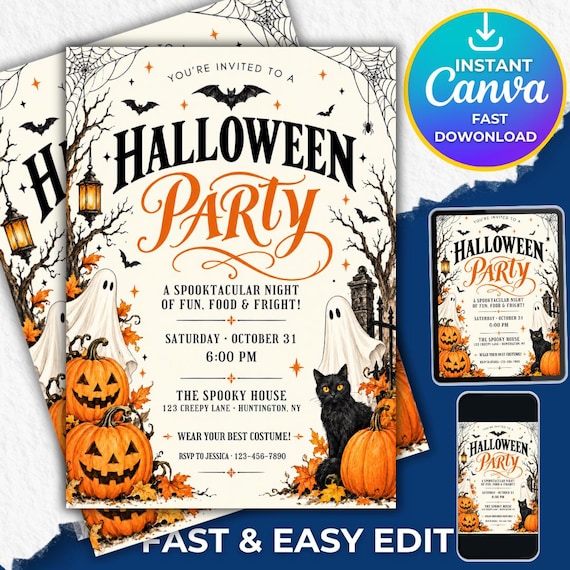 Halloween Party Invitation, Halloween Invitation Template Printable Invite Lets Get Spooky Ghost Party, Canva Template (Digital Download)
