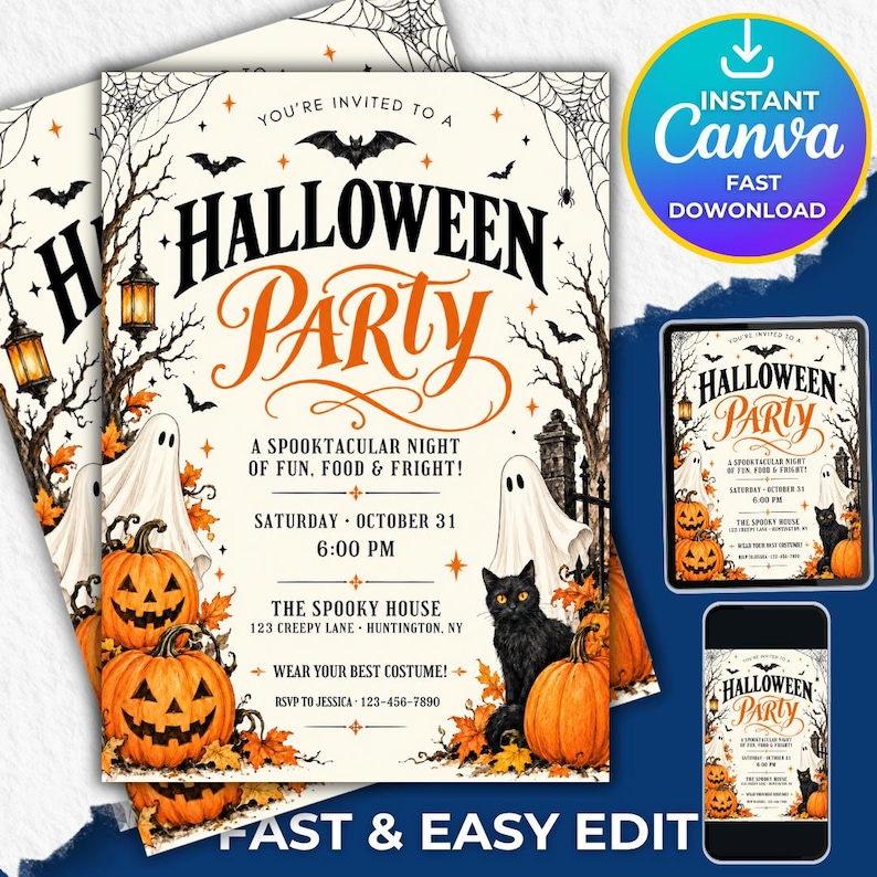 Halloween Party Invitation, Halloween Invitation Template Printable Invite Lets Get Spooky Ghost Party, Canva Template (Digital Download), ornate invitation, gothic invitation, gothic party invite, witch invitation, black white invite, halloween invite, spooky party invite, victorian gothic, adult halloween, editable invite, halloween party, printable invite, vintage halloween