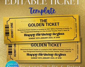 Golden Ticket Template, Editable Event Invitation (Digital Download)