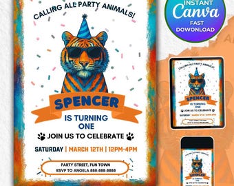 Tiger Birthday Party Invitation Editable Zoo Theme, Printable Template (Instant Download)