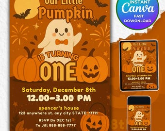 Editable Halloween Birthday Invitation, Pumpkin Birthday Invite, Editable Canva Template, Spooky Halloween Party