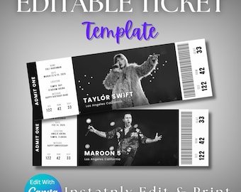 Editable Concert Ticket Canva, Printable Tickets Template, DIY Custom Concert Ticket, Birthday Gift Idea, Surprise Gift, Digital Download