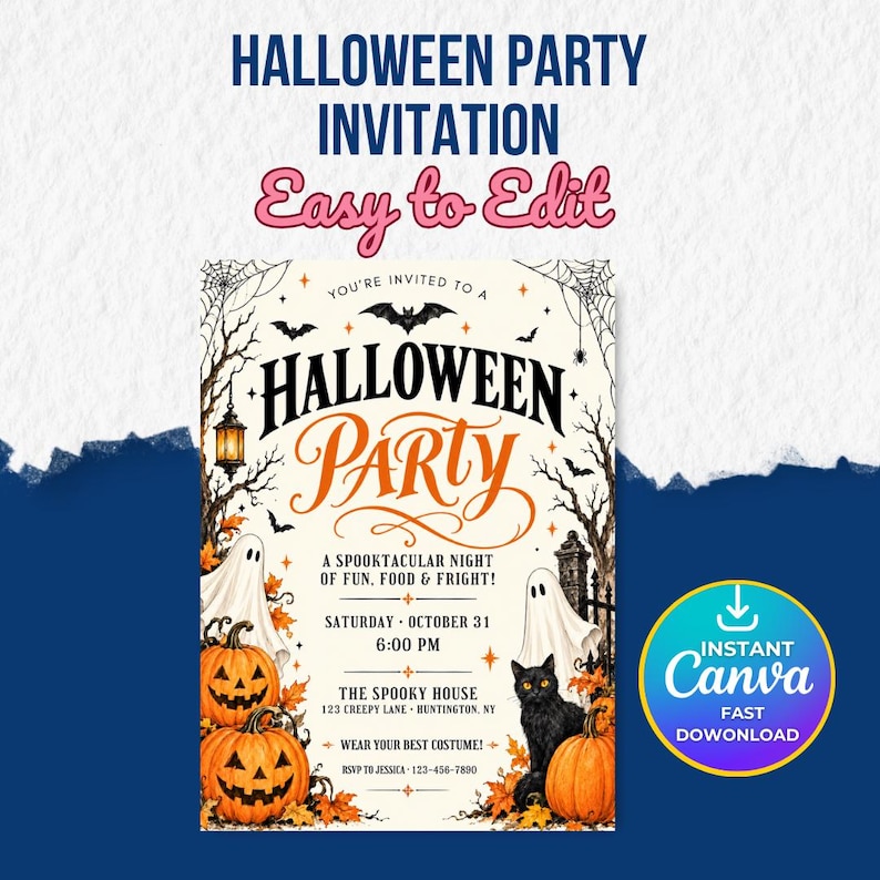 Halloween Party Invitation, Halloween Invitation Template Printable Invite Lets Get Spooky Ghost Party, Canva Template (Digital Download), ornate invitation, gothic invitation, gothic party invite, witch invitation, black white invite, halloween invite, spooky party invite, victorian gothic, adult halloween, editable invite, halloween party, printable invite, vintage halloween