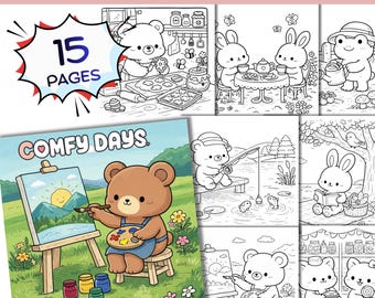 Kolorowanki Comfy Days, super urocze postacie zwierząt w przytulnych momentach hygge, kolorowanka od Color Me Cozzy