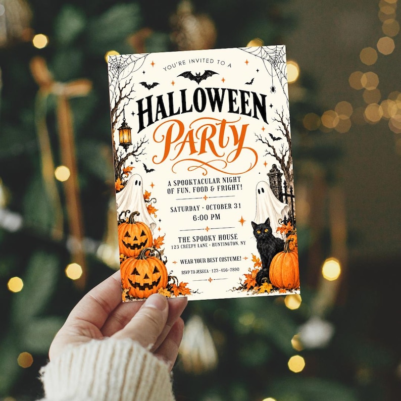 Halloween Party Invitation, Halloween Invitation Template Printable Invite Lets Get Spooky Ghost Party, Canva Template (Digital Download), ornate invitation, gothic invitation, gothic party invite, witch invitation, black white invite, halloween invite, spooky party invite, victorian gothic, adult halloween, editable invite, halloween party, printable invite, vintage halloween