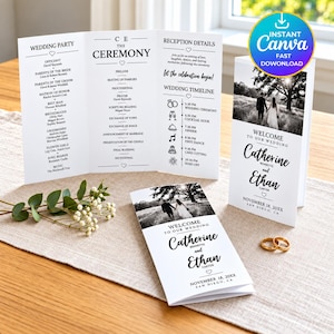 Trifold Wedding Invitation Template, Editable Canva Ceremony Program, Minimalist Timeline Brochure, Printable Download