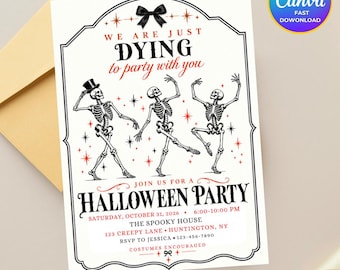 Puede incluir: Una tarjeta de invitación blanca para una fiesta de Halloween con tres esqueletos bailando, un lazo negro en la parte superior y estrellas rojas. El texto dice: We are just dying to party with you, Join us for a Halloween party, Saturday, October 31, 2026, 6:00-10:00 PM, The Spooky House, 123 Creepy Lane, Huntington, NY, RSVP to Jessica 123-456-7890, Costumes encouraged.
