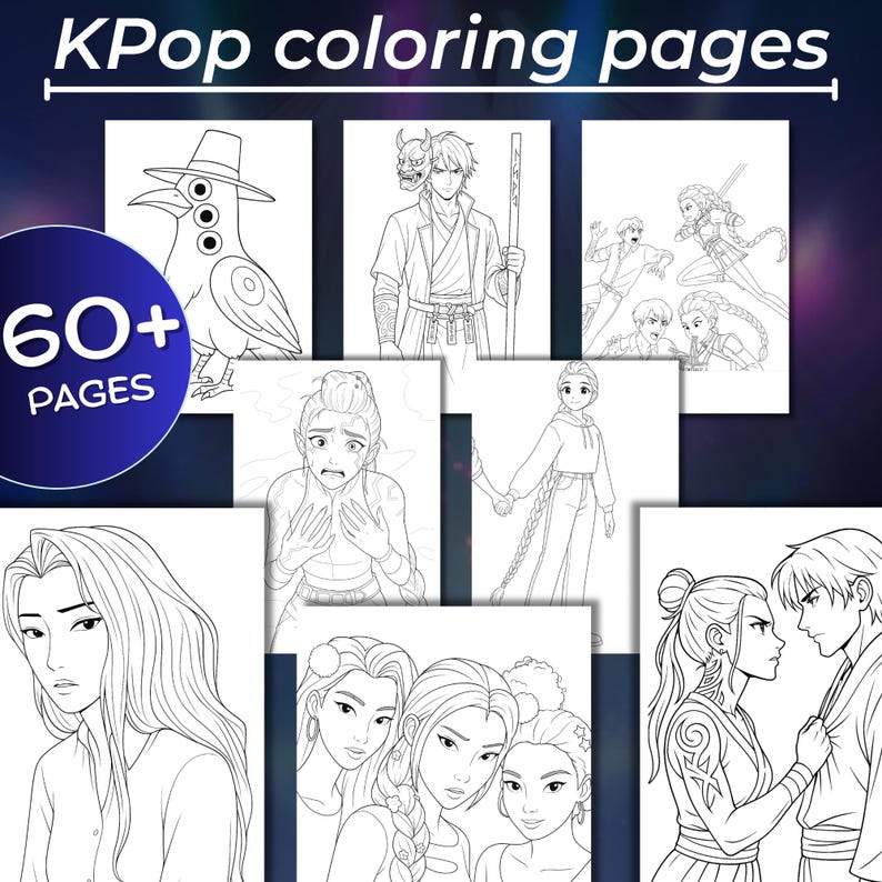Demon Hunters kpop Coloring Pages | 40 K-pop coloring book for kids | Demon Hunters Characters | coloring sheets kids | Digital Download, kpop coloring, png coloring, bts, hunter coloring page, digital coloring, kids activity, pdf coloring, printable coloring, demon hunters kpop, instant download, kpop book activity, kpop demon hunters, music coloring page